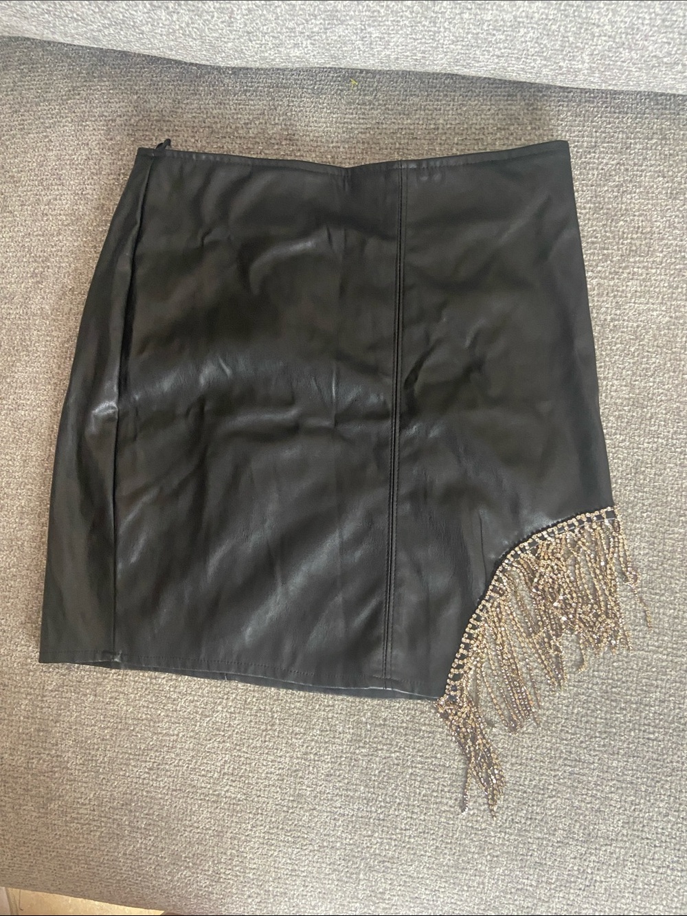Say What? Black Faux Leather Mini Skirt with Silver Beaded Fringe Accent size L
